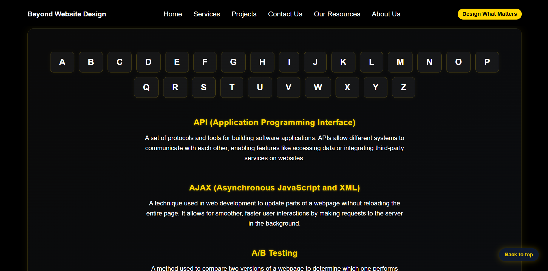Beyond Website Design Glossary Page